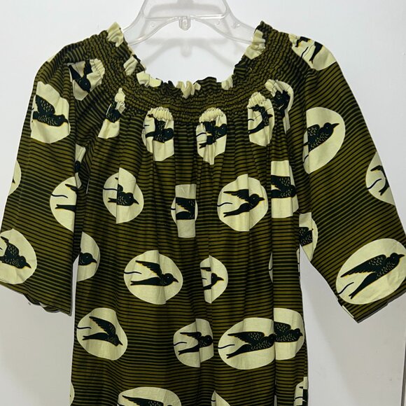 Off the Shoulder Dress Hand Made with African Block Print Fabric - Black Birds - Picture 2 of 15